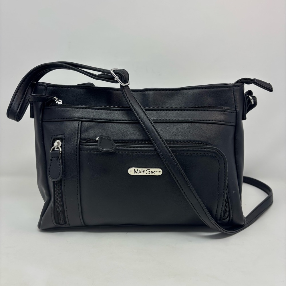 MultiSac Black Crossbody Bag Faux Leather Shoulder Purse Multi Pockets Zipper